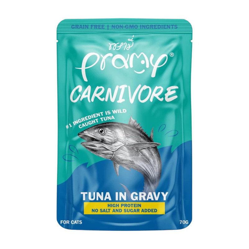 Pramy Carnivore พรามี่ คาร์นิวอร์ อาหารแมว โปรตีนสูงเนื้อสัตว์เน้นๆ มีให้เลือก 10 สูตรทั้ง Gravy และ Jelly ขนาด 70g CV2-ทูน่าในเกรวี่