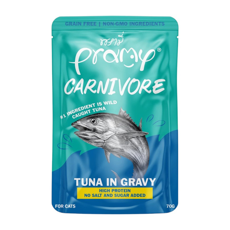 Pramy Carnivore พรามี่ คาร์นิวอร์ อาหารแมว โปรตีนสูงเนื้อสัตว์เน้นๆ มีให้เลือก 10 สูตรทั้ง Gravy และ Jelly ขนาด 70g CV1-ทูน่า&ไก่เกรวี่