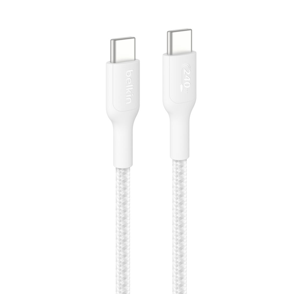 Belkin CAB025 สายชาร์จ USB-C ชาร์จเร็วสูงสุด 240 วัตต์ สายถักแบบพิเศษทนมากขึ้น 35 เท่า (1 เมตร, สีขาว)