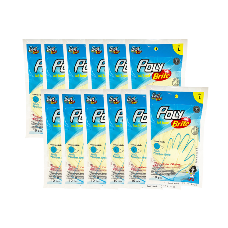 POLY BRITE Natural Latex Gloves Powder-free Size L 10 pcs x 12 bags