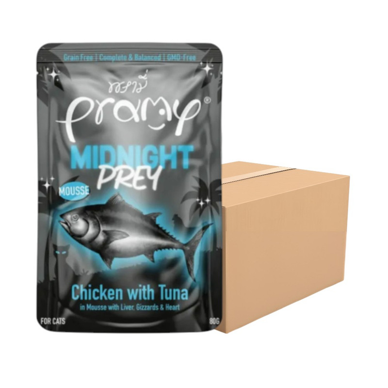 [48 ซอง] Pramy Midnight Prey อาหารแมว สูตร Complete & Balanced โปรตีนสูง เนื้อสัตว์เน้นๆ ช่วยบํารุงสุขภาพ มี 6 สูตร 80g. MN6-มูสไก่&ปลาทูน่า