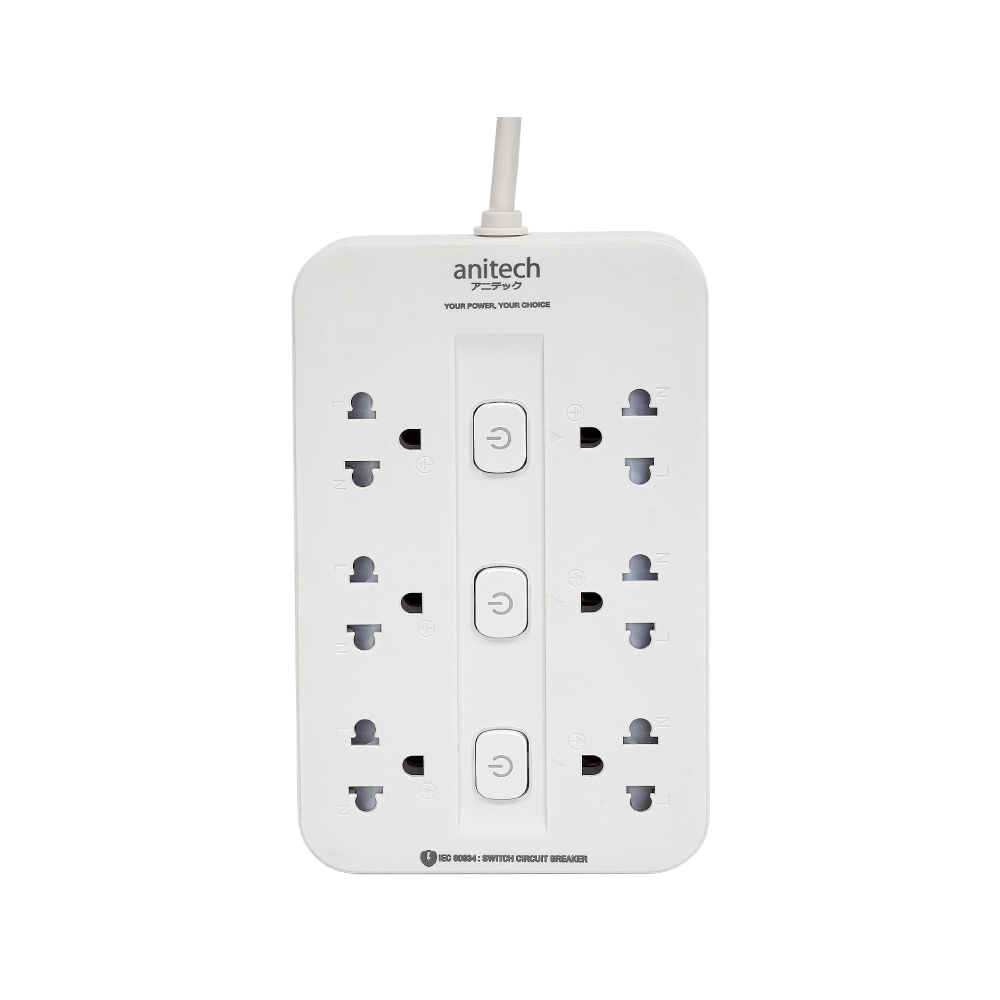 Anitech 6 ช่อง 3 สวิตช์ รุ่น H536-WH-ONLINE สายยาว 3 เมตร กําลังไฟ 2200 W