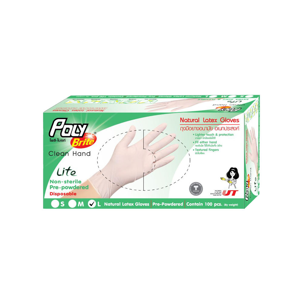 POLY BRITE Natural Latex Gloves Extra Thin Lite Size L 100 pcs