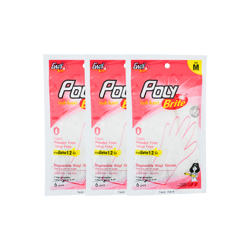 POLY BRITE Vinyl Gloves Size M 6 pcs x 3 bags