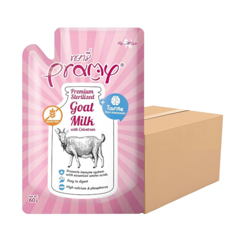 [48ซอง] Pramy Sterilized Goat Milk With Colostrum นมแพะ สเตอริไลส์ เสริมนมน้ําเหลือง ขนาด 60g / GM02-นมแพะสีชมพู