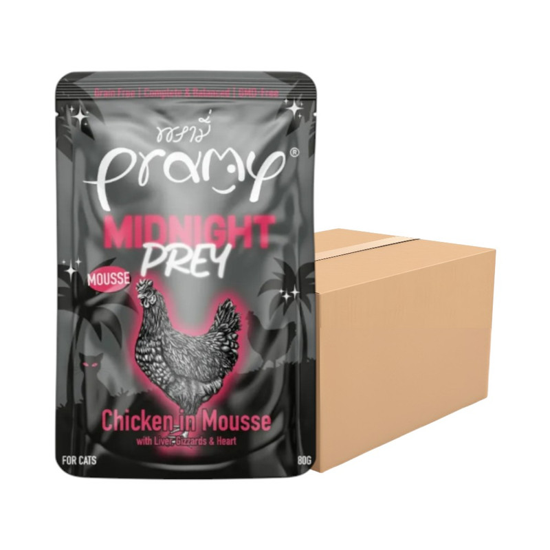 [48 ซอง] Pramy Midnight Prey อาหารแมว สูตร Complete & Balanced โปรตีนสูง เนื้อสัตว์เน้นๆ ช่วยบํารุงสุขภาพ มี 6 สูตร 80g. MN1-ซุปเนื้อไก่