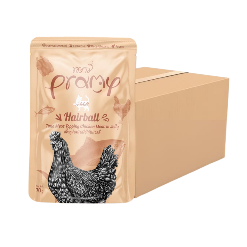 [48ซอง] PRAMY พรามี่ อาหารเปียกแมว สูตร Functional ในเจลลี่ สําหรับแมวโต1ปี+ ขนาด 70 กรัม AD3-Hairball