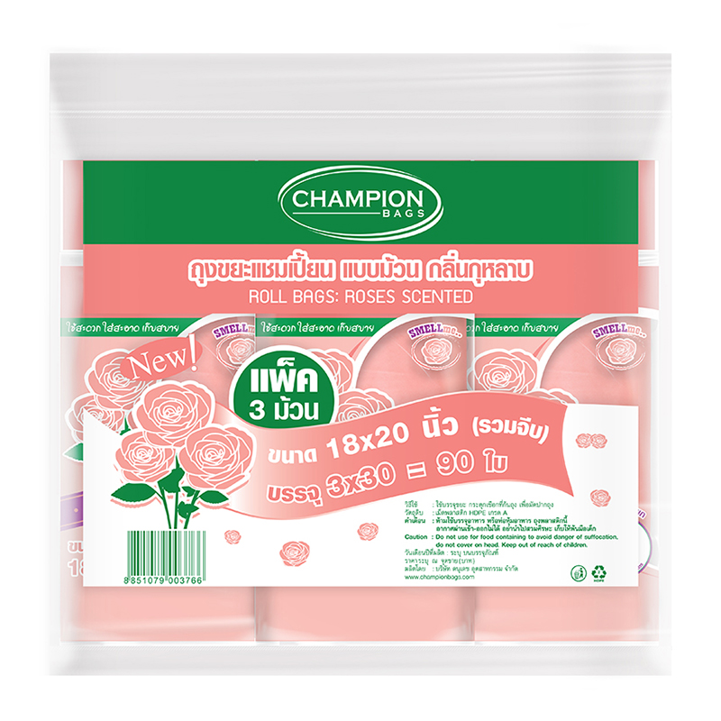 CHAMPION Garbage Bag Roll Rose Scented 18x20" 30 bags x 3