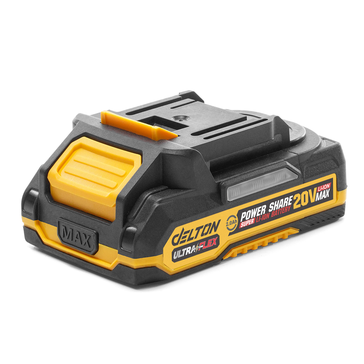 DELTON แบตเตอรี่ลิเธียมไอออน 20V แบต พาวเวอร์แชร์ ใช้ร่วมกับผลิตภัณฑ์ DELTON เครื่องมือช่าง Power Share กลุ่ม UltraFlex มาพร้อมแบต 20V 2.0Ah 1ก้อน