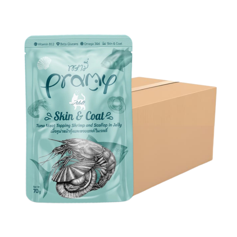 [48ซอง] PRAMY พรามี่ อาหารเปียกแมว สูตร Functional ในเจลลี่ สําหรับแมวโต1ปี+ ขนาด 70 กรัม AD4-Skin&Coat