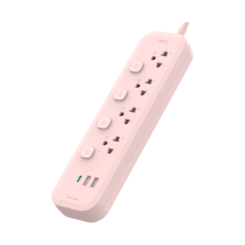 Deli รางปลั๊กไฟ กําลังไฟ 2300W 4ช่อง 3เมตร 2USB 1C สีชมพู รุ่น CT496 1ชิ้น