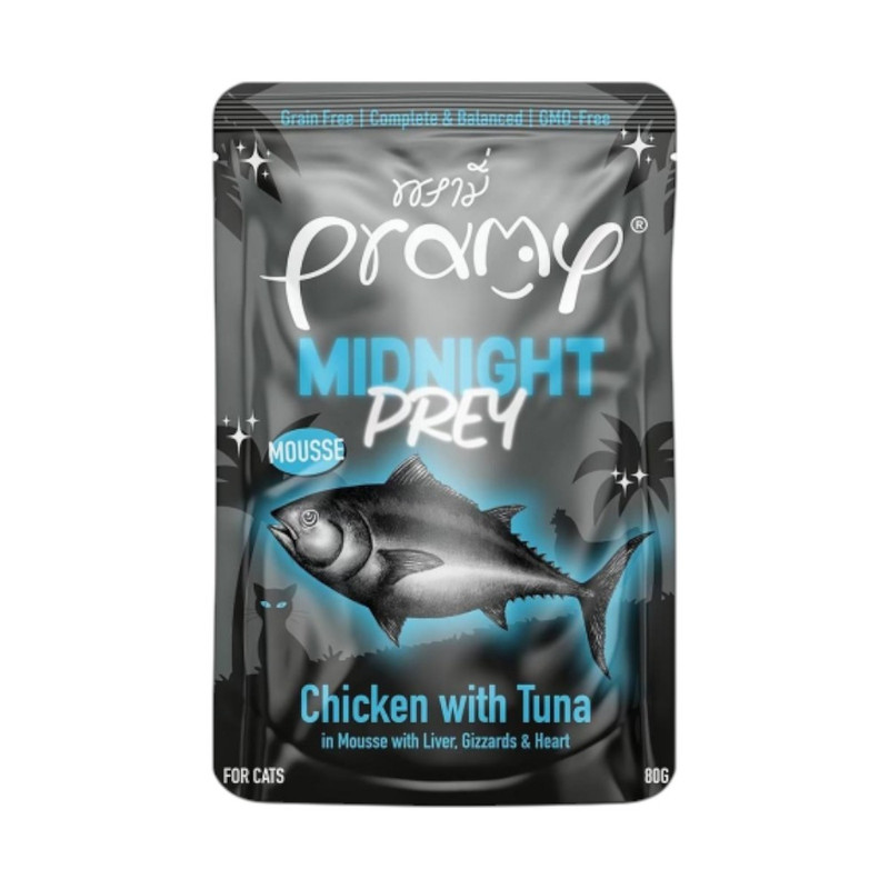 Pramy Midnight Prey อาหารแมว สูตร Complete & Balanced โปรตีนสูง เนื้อสัตว์เน้นๆ ช่วยบํารุงสุขภาพ มีให้เลือก 6 สูตร 80g. MN6-มูสไก่&ปลาทูน่า