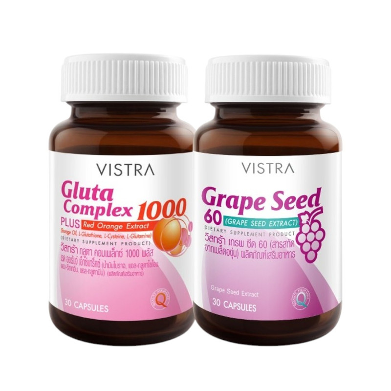 VISTRA Dietary Supplement Set Double White Gluta Complex 1000 Plus Red Orange Extract 30 Capsules + Grape Seed 60 mg 30 Capsule x 2