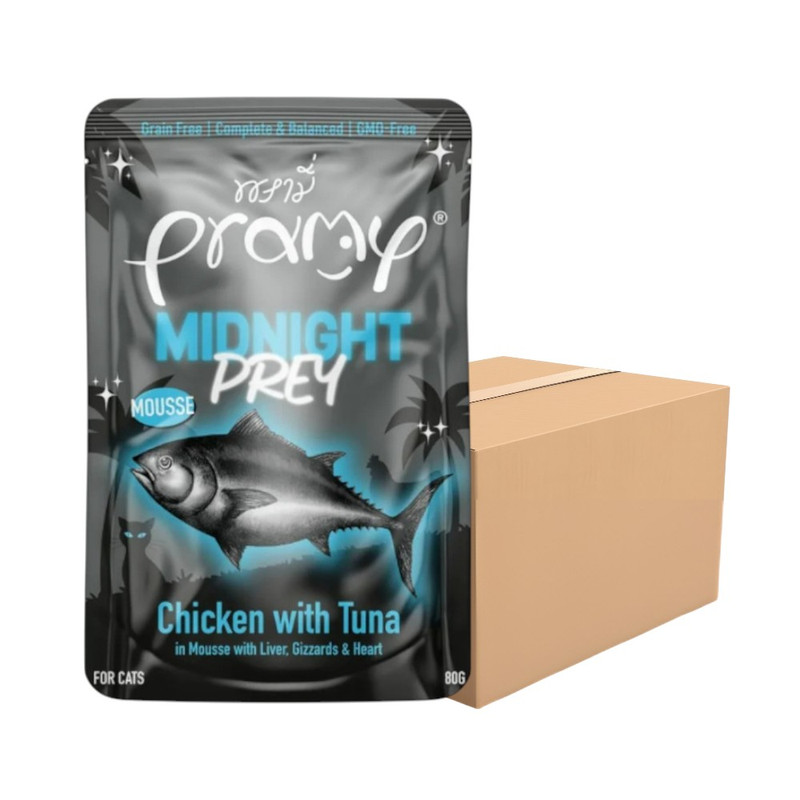 [12 ซอง] Pramy Midnight Prey อาหารแมว สูตร Complete & Balanced โปรตีนสูง เนื้อสัตว์เน้นๆ ช่วยบํารุงสุขภาพ มี 6 สูตร 80g. MN6-มูสไก่&ปลาทูน่า