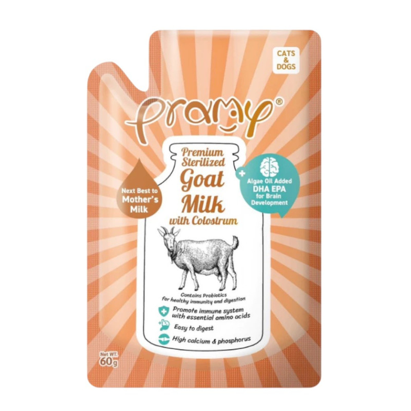 [1ซอง] Pramy Sterilized Goat Milk With Colostrum นมแพะ สเตอริไลส์ เสริมนมน้ําเหลือง ขนาด 60g / GM03-นมแพะสีส้ม