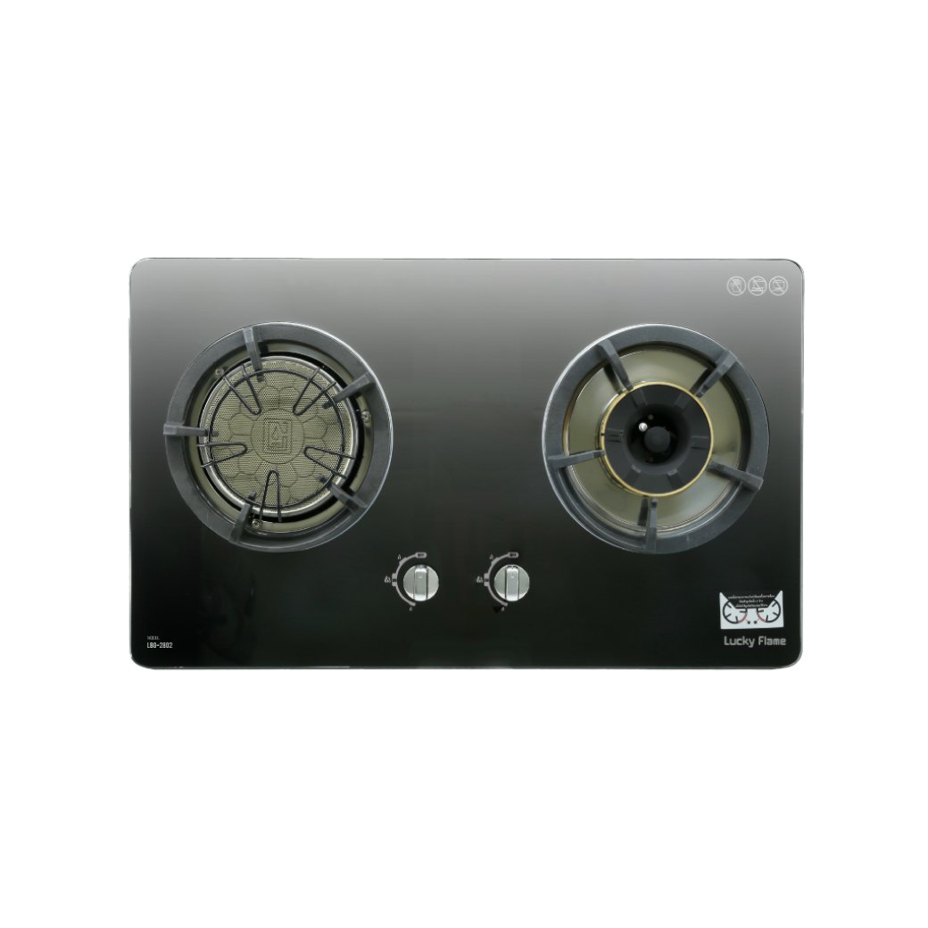 ลัคกี้เฟลม เตาแก๊สแบบฝัง 2 หัว รุ่น LBG-2802 หัวเตา 2 แบบ หน้าเตากระจกนิรภัย