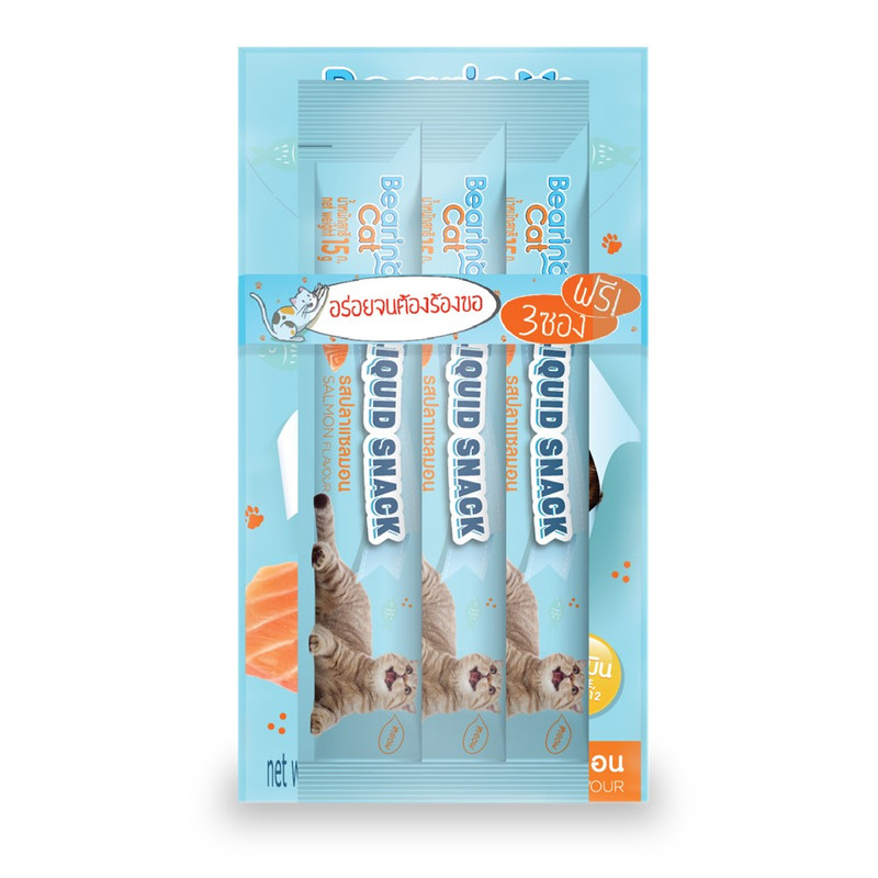 Bearing Cat Liquid Snack ขนมแมวเลีย มนต์เรียกแมว อาหารแมว เค็มต่ำ ใช้ผสมอาหารให้น่าทานขึ้น เหมาะสำหรับแมวทานยาก 15g รสแซลมอน,11ซอง
