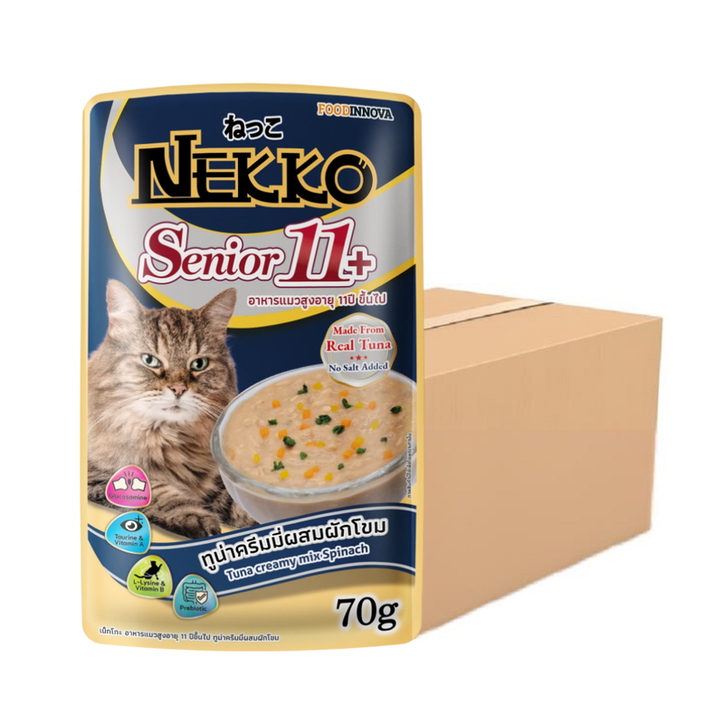 Nekko Senior 11+ อาหารแมวสูงอายุ 11 ปีขึ้นไป ปลาทูน่าครีมมี่ผสมผักโขม 70 g. x 12 ซอง