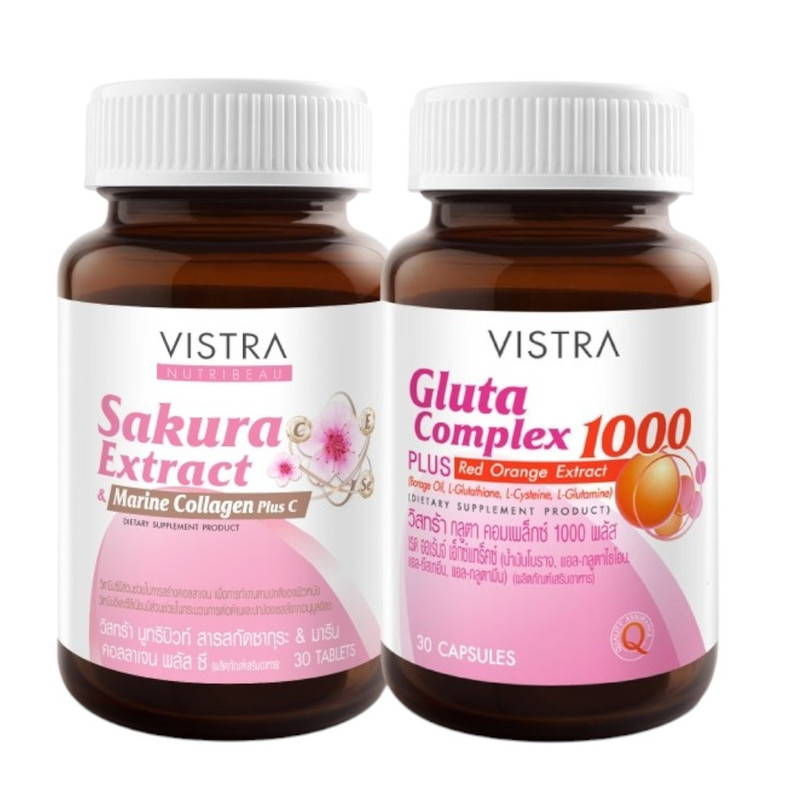 VISTRA Dietary Supplement Nutribeau Sakura Extract & Marine Collagen Plus c 30 Tablets + Gluta Complex 1000 Plus Red Orange 30 Capsules x 2