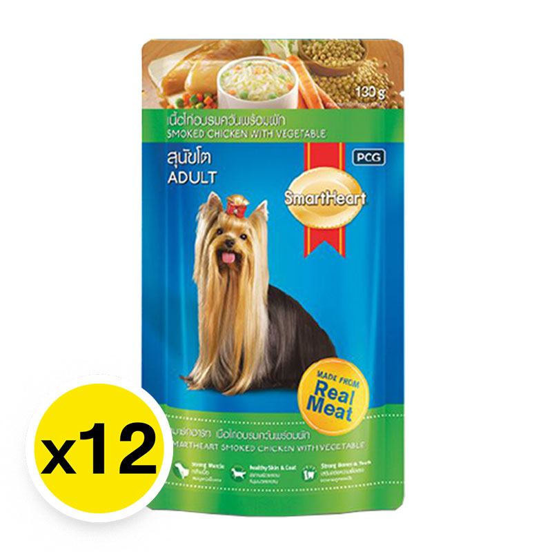 SMART HEART Wet Dog Food Pouch for Adult Chicken & Vegetables 130 g x 12