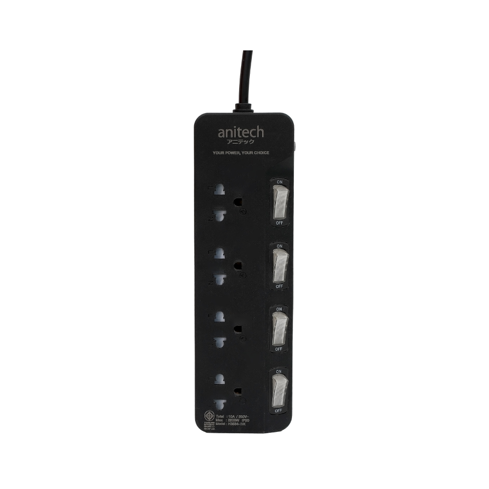 Anitech 4 ช่อง 4 สวิตช์ รุ่น H3634-BK สายไฟคุณภาพยาว 3 เมตร กําลังไฟ 2200W