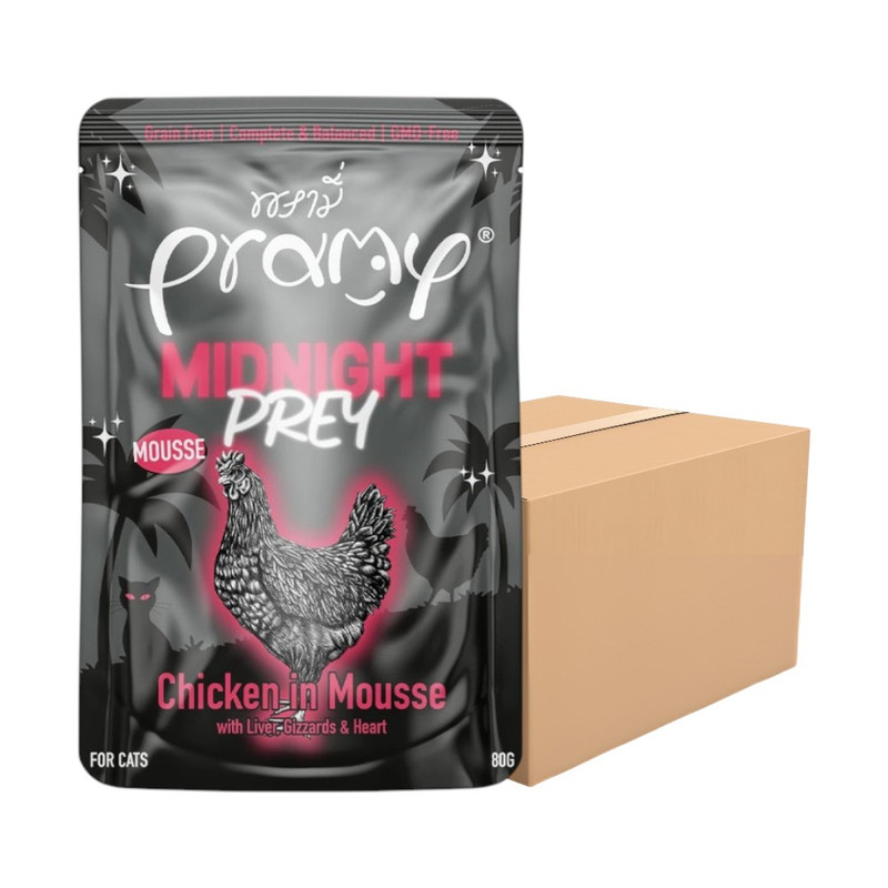 [12 ซอง] Pramy Midnight Prey อาหารแมว สูตร Complete & Balanced โปรตีนสูง เนื้อสัตว์เน้นๆ ช่วยบํารุงสุขภาพ มี 6 สูตร 80g. MN5-มูสเนื้อไก่