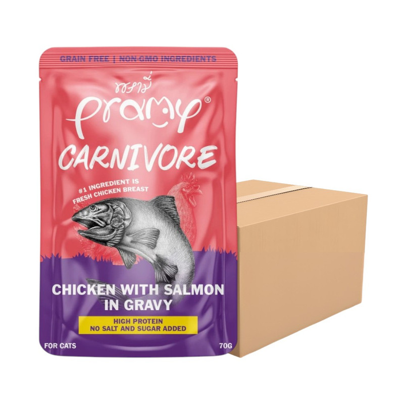 [48 ซอง] Pramy Carnivore พรามี่ คาร์นิวอร์ อาหารแมวโปรตีนสูงเนื้อสัตว์เน้นๆ มีให้เลือก 10 สูตร Gravy และ Jelly ขนาด 70g CV4-ไก่&แซลมอนเกรวี่