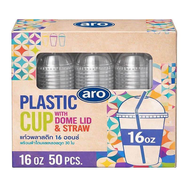 ARO CUP PET 16OZ+DOME LID+ STRAW