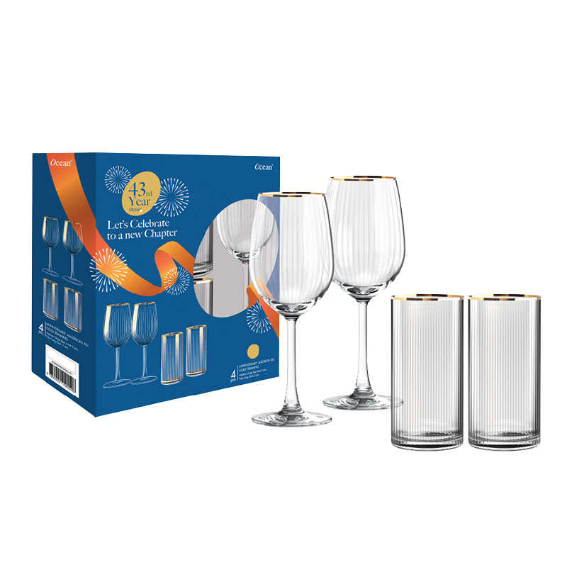 OCEAN GLASS Anniversary Madison Red Wine Gold x 4