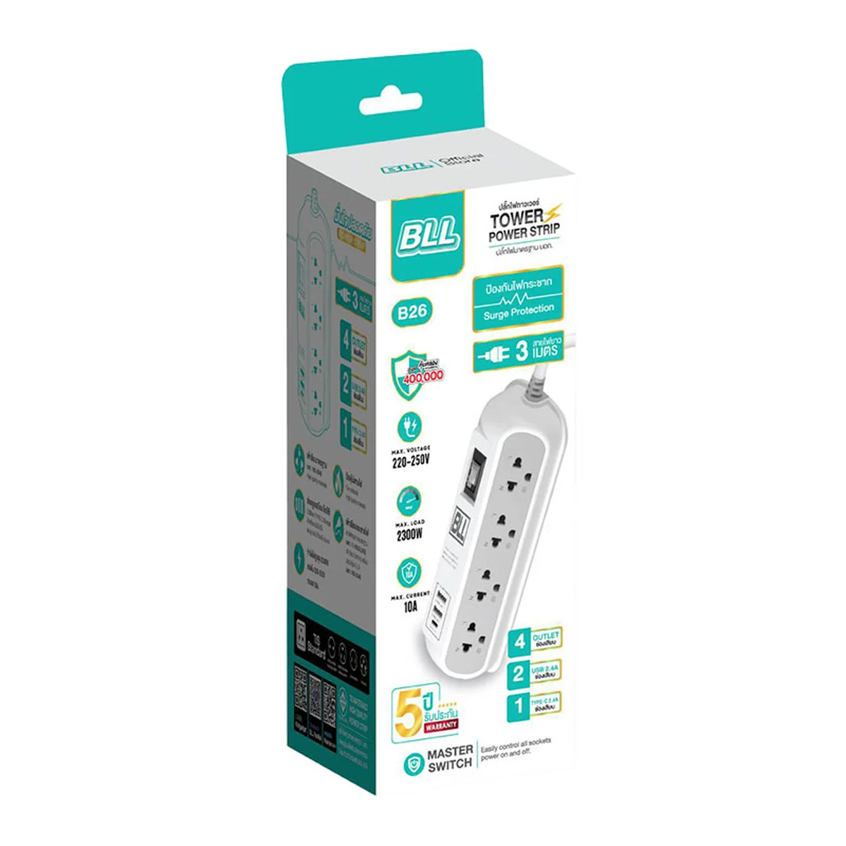 BLL Tower Power Strip 4 Socket 1 Switch + 2 USB Model B26