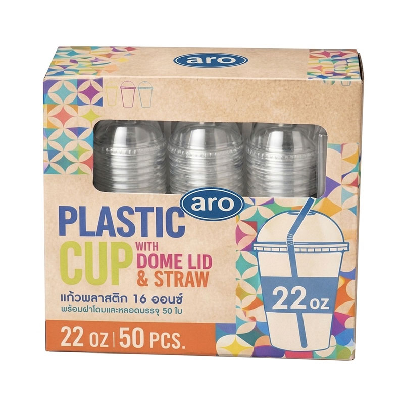 ARO CUP PET 22OZ+DOME LID+ STRAW
