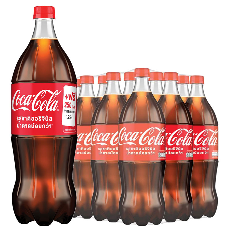 โค้ก เครื่องดื่มน้ำอัดลม รสออริจินัล น้ำตาลน้อยกว่า 1.25 ล. + 250 มล. x 12
