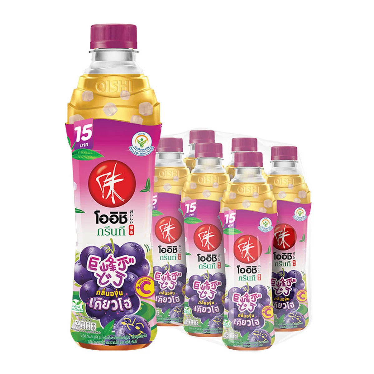 โออิชิ ชาเขียวพร้อมดื่ม กลิ่นองุ่นเคียวโฮผสมวุ้นมะพร้าว 370 มล. x 6