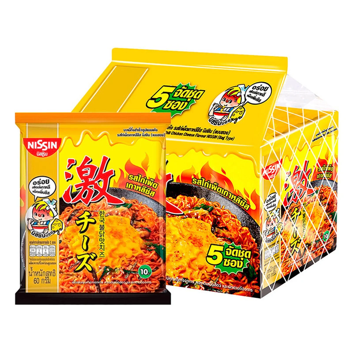 นิสชิน บะหมี่กึ่งสําเร็จรูปแบบแห้ง รสไก่เผ็ดเกาหลีชีส 60 ก. x 5