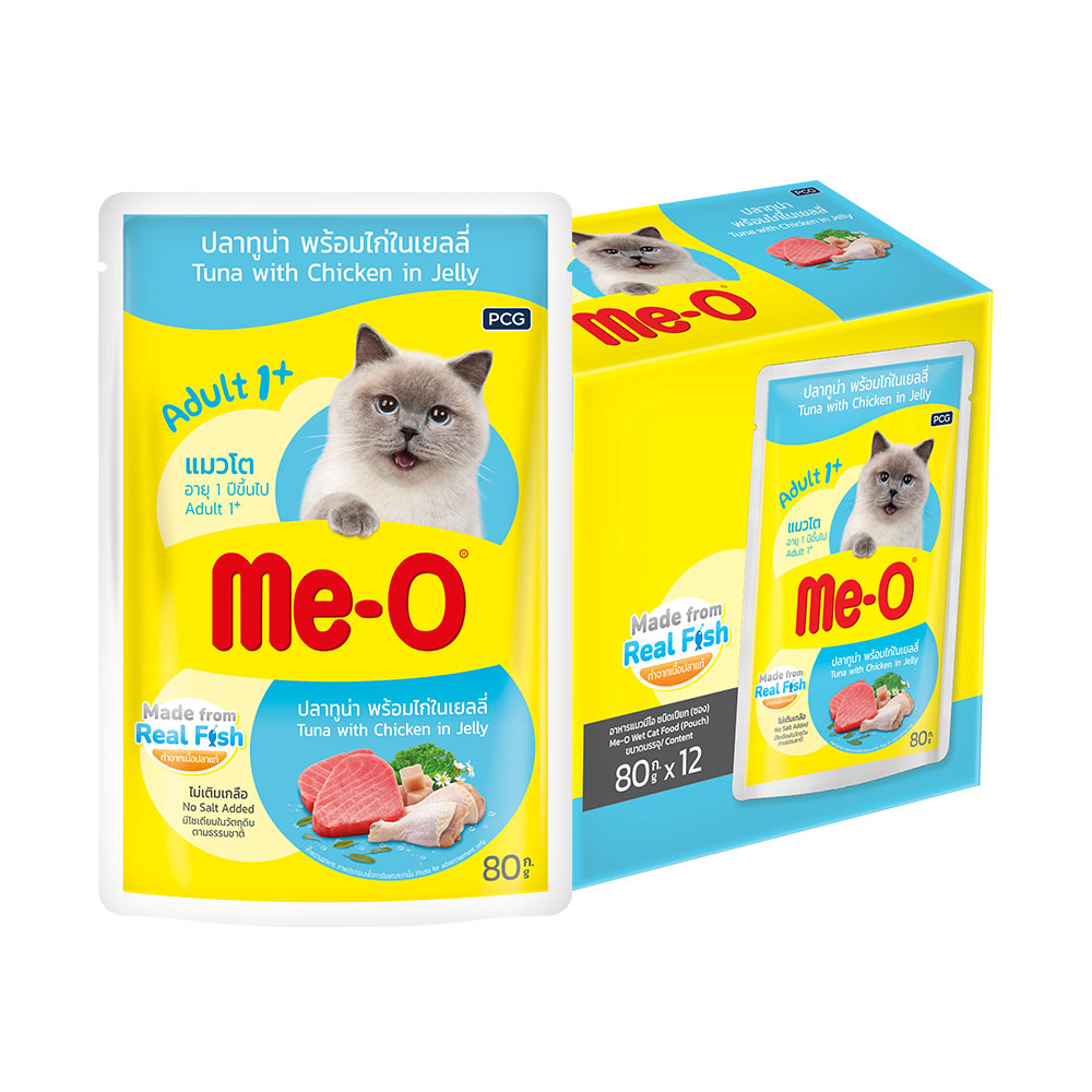 มีโอ อาหารแมว ชนิดซอง รสปลาทูน่าและไก่ในเยลลี่ 80 ก. 12 ซอง