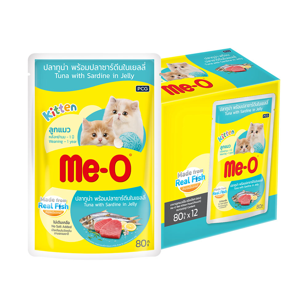 มีโอลูกแมว ชนิดซอง รสทูน่า+ซาร์ดีน 80 กรัม X 12 ชิ้น